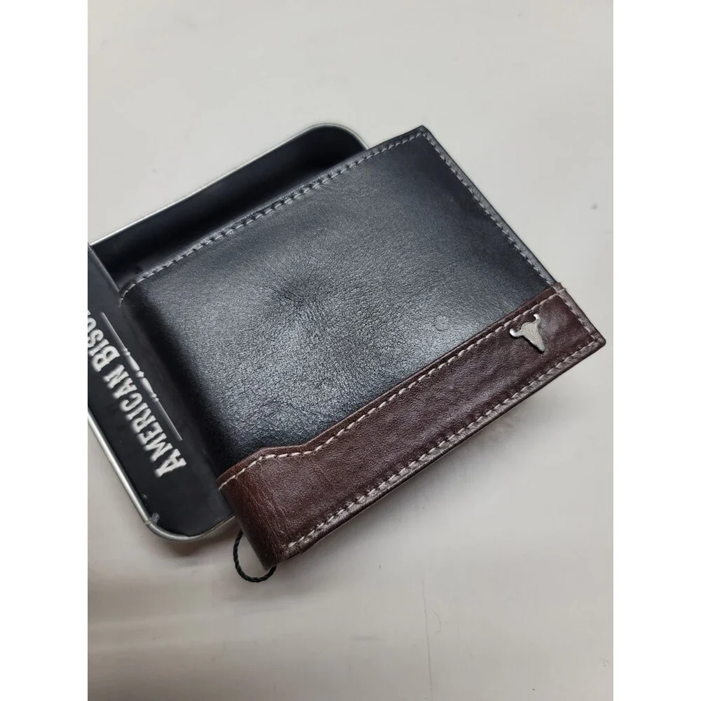 American Bison Men’s Black Brown Genuine Leather Bifold Wallet New